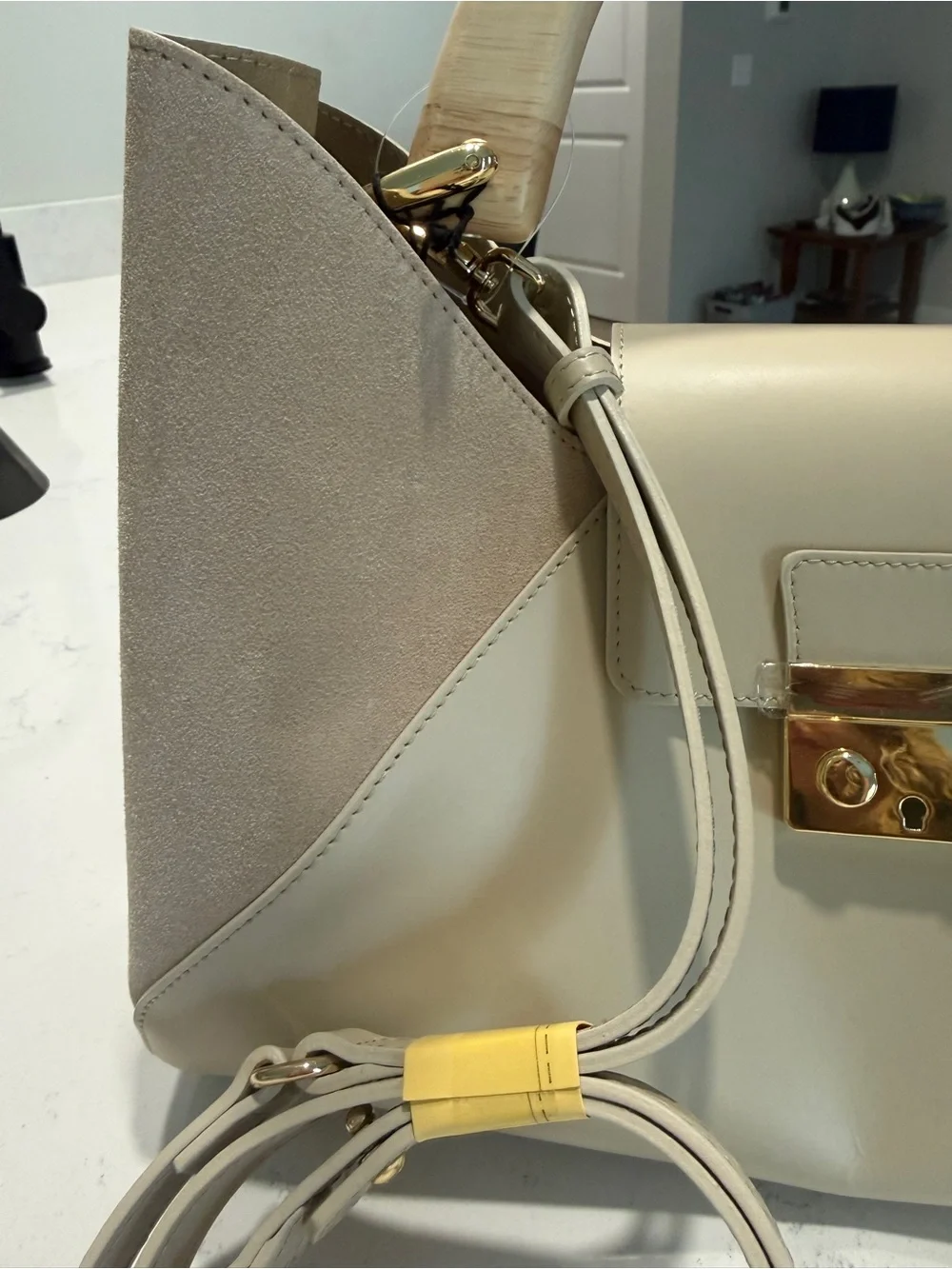 CLAUDIA Firenze Genuine Leather Beige/Cream Satchel Handbag with Wooden Handle